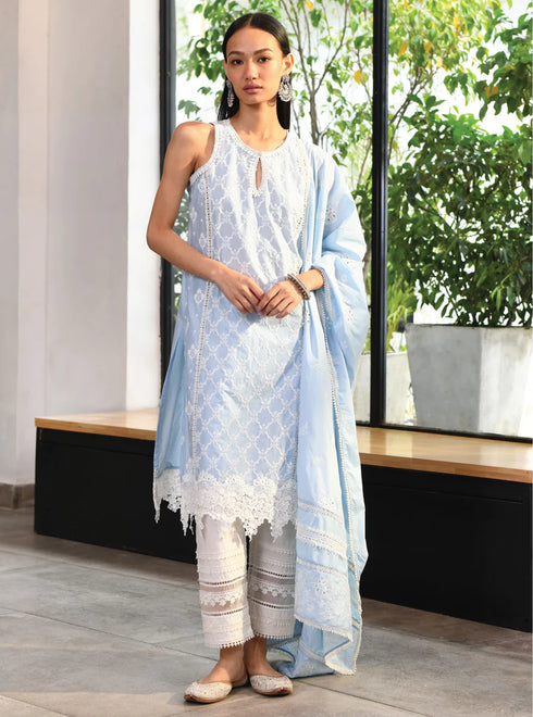 Newry Kurta With Multi Lace Slim Pants With Dupatta